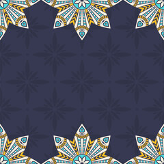 Seamless border pattern with color vector mandalas. Mandala ornamental borders. Endless texture. Space for text. Vector color background. Mandala seamless pattern. Yellow, turquoise color mandala. - 761355521