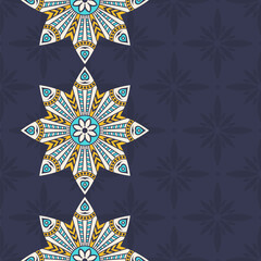 Seamless border pattern with color vector mandalas. Lace borders. Endless texture. Space for text. Vector color background. Mandala seamless pattern. Yellow, turquoise color mandala. - 761355533