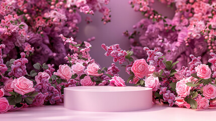 Fototapeta na wymiar Podium background flower rose product pink 3d spring table beauty stand display nature white. Garden rose floral summer background podium cosmetic valentine easter field scene gift purple day romantic