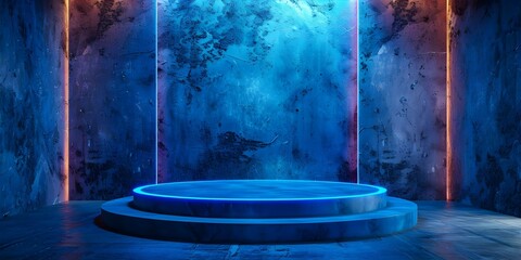 Modern D Illustration of an Empty Blue Digital Screen on a Concrete Podium. Concept Digital Technology, Concrete Podium, Blue Screen, Modern Design, 3D Illustration