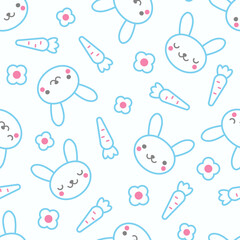 Rabbit with flower and carrot seamless pattern. Cute background. Kid design. Surface design. - 761355711