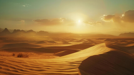 Obraz premium Desert landscape with sand dunes, sultry sun. Extreme adventure concept. Generative AI