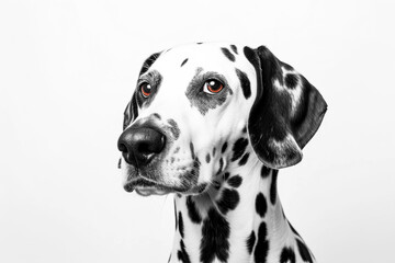 striking black and white Dalmatian dog portrait, featuring its iconic spots and a captivating, intense gaze against a white background