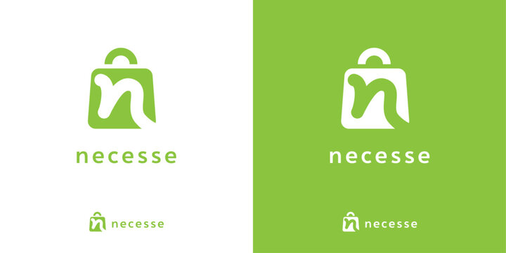 N and shopping bag symbol on a green background for online shop business with fresh products. 