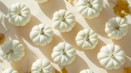 White pumpkins patterned isolated on pale beige background, top view. Flat lay Thanksgiving food banner with copy space.