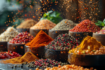 A culinary competition challenging chefs to create innovative dishes using a mystery box of diverse and exotic spices. Concept of spice-inspired culinary challenges. Generative Ai. - obrazy, fototapety, plakaty