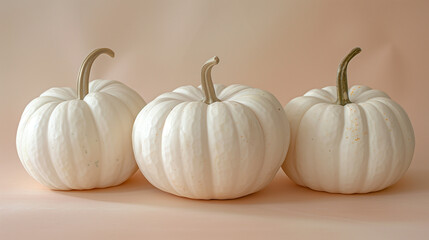 Row of three orange pumpkin isolated on pale pastel pink white background, side view. Thanksgiving or Halloween food banner with lots of copy space.