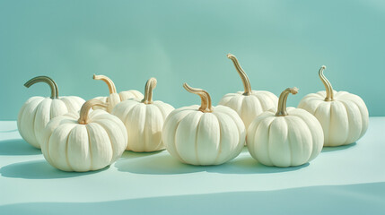 Raw of white pumpkin isolated on pale blue teal background, side view. Thanksgiving food banner with lots of copy space.