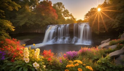 A cascading waterfall surrounded by colorful foliage and flowers, with the golden light of sunset illuminating the scene.