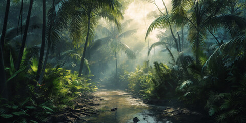 Rainy tropical amazon forest - obrazy, fototapety, plakaty