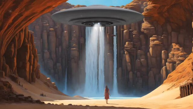 UFO with a woman in the waterfalls rock valley. Seamless looping time-lapse 4k video animation background