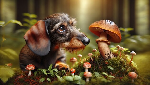 Rauhaardackel schnuppert im Wald an einem Pilz