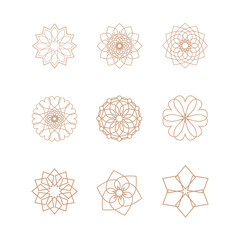 Vector set of 9 elements. Line Gold shape, logos templates for your design. Cosmetology, medicine, natural products, beauty industry. Vector golden emblem on a white  background. - 761356934