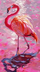  Vibrant digital painting of a flamingo amidst shimmering waters, Concept of artistic wildlife depiction.