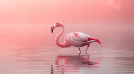  Elegant flamingo standing on one leg in serene water with a soft pink backdrop, Concept of wildlife and tranquility