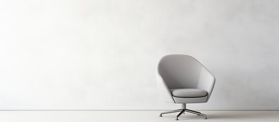 An office chair made of gray wood with armrests is placed in front of a white wall. The chair exudes comfort and style against the hardwood flooring