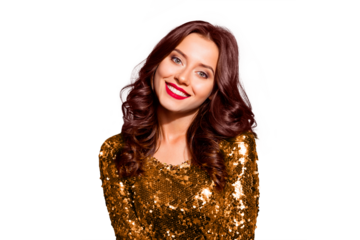 Close up portrait of cute, sweet, lovely, stylish, trendy lady with modern wave hairdro and big white toothy smile look at camera isolated on shine red background