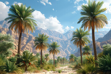 Fototapeta na wymiar A desert oasis with palm trees providing shade for a vibrant ecosystem, illustrating the resilience of life in arid environments. Concept of desert biodiversity. Generative Ai.