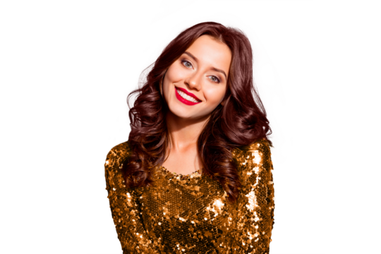 Close up portrait of cute, sweet, lovely, stylish, trendy lady with modern wave hairdro and big white toothy smile look at camera isolated on shine red background