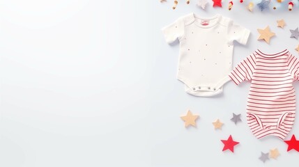 Baby bodysuits with stars scattered around banner background copy space. Pure, joyful babywear image backdrop empty. Parenting blog. Babyhood concept composition top view, copyspace