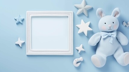 Soft bunny plush with square frame mock up. Charming toy blue. Decorative stars for nursery pictureframe mockup with blank space. Babyhood concept composition top view, border picture - obrazy, fototapety, plakaty
