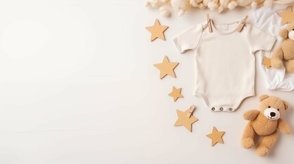 Fototapeta na wymiar Beige bodysuit flanked by cuddly bear plush banner background copy space. Comforting baby atmosphere image backdrop empty. Parenting blog. Babyhood concept composition top view, copyspace