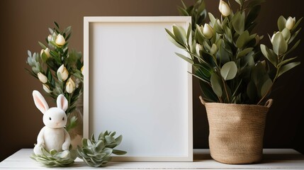 Cozy corner featuring white frame mockup. Soft bunny, lush green plants in woven pot. Blank framework, advertising mock up. Babyhood concept composition, showcase interior copy space - obrazy, fototapety, plakaty