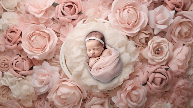 Newborn cradled in giant fabric rose image background. Baby surrounded by pink petals photography. Peaceful slumber picture scene photorealistic. Bedtime babyhood concept photo
