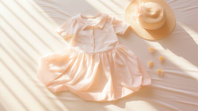 Elegant peach baby dress with straw hat background image. Summer day desktop wallpaper picture. Soft light casting delicate shadows photo backdrop. Babyhood concept composition top view