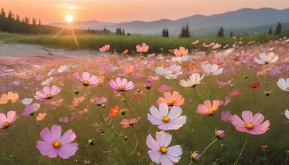 A field of vibrant cosmos flowers swaying gently in the evening breeze, their pastel colors blending with the warm tones of the setting sun.