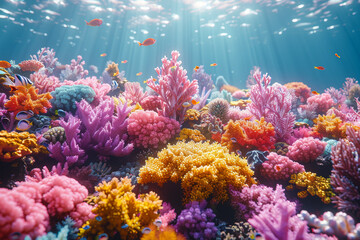 Fototapeta na wymiar A coral reef bustling with vibrant marine life, emphasizing the delicate balance and biodiversity of underwater ecosystems. Concept of vibrant coral reefs. Generative Ai.