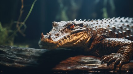 close up of a crocodile on a tree trunk