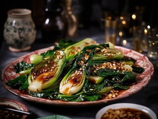 Baked bok choy or pak choi seasoned with soy sauce and roasted sesame seeds. Asian cabbage dish. gourmet lunch - obrazy, fototapety, plakaty