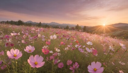 A field of vibrant cosmos flowers swaying gently in the evening breeze, their pastel colors...