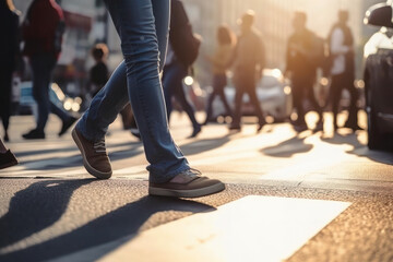 Fototapeta premium Close-up of the feet crossing a street on the zebra or pedestrian path. city and pedestrian safety on the roads.