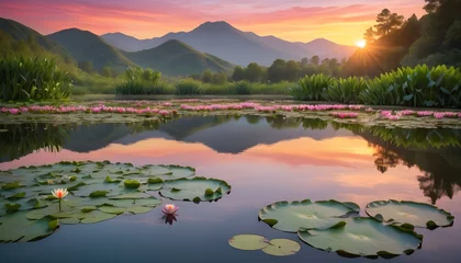 Foto op Canvas A serene lake reflecting the vibrant colors of a sunset, surrounded by blooming water lilies and verdant hills. © Muhammad