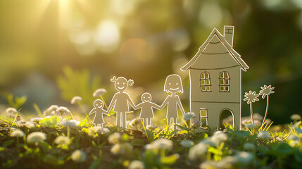 family dream house garden  - white line couple house drawing - get a loan for a home - real estate mortgage market advertisement asset illustration.