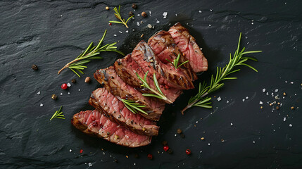 Roasted beef steak on dark stone background with rosemary herbs. Top view , with empty copy space