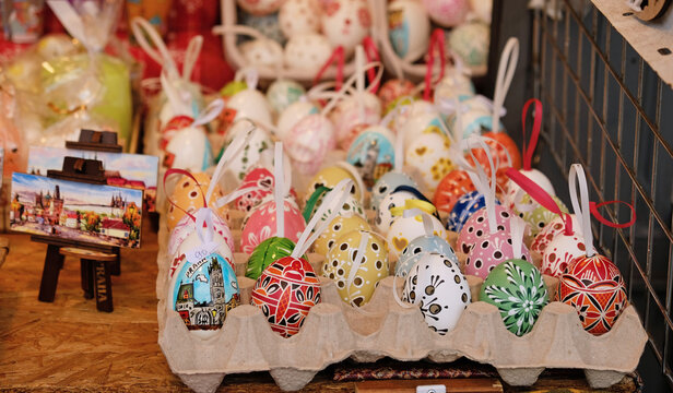 Beautiful colorful decor for Easter. Traditional Easter painted colorful eggs are sold at market in Prague, Czech Republic