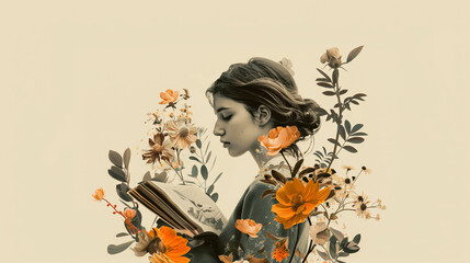 A girl surrounded by flowers reads a book. In the style of a retro postcard or poster. Beige background.