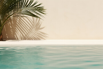 Fototapeta na wymiar Palm tree casts shadow on side of pool