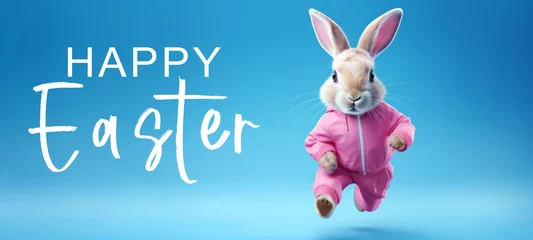 Outdoor-Kissen Funny easter concept holiday animal greeting card illustration with text - Cool jumping running easter bunny with pink jogging suit, isolated on blue background © Corri Seizinger