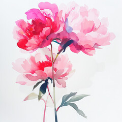 Elegant watercolor painting of vibrant pink peonies with soft green leaves