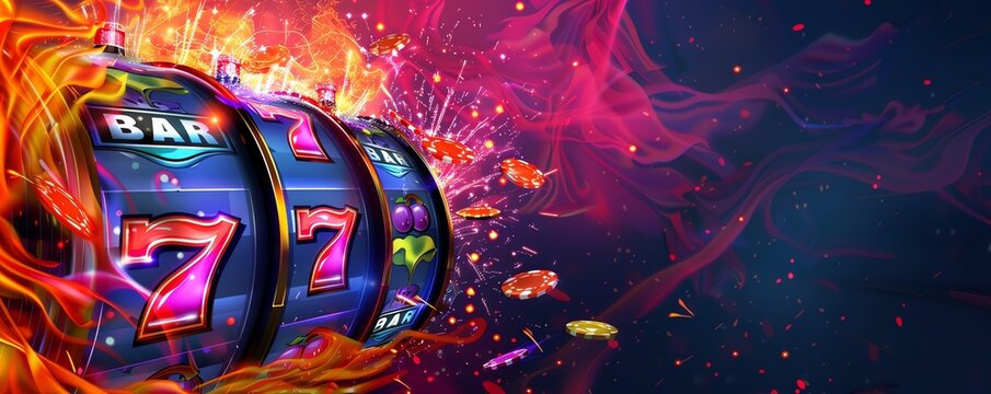 A vector banner graphic of 7's slots with an explosion of fire and betting chips, Las vegas, Gambling with copy space for text