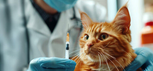 close-up, Professional veterinarian administering vaccine to a beautiful cat 