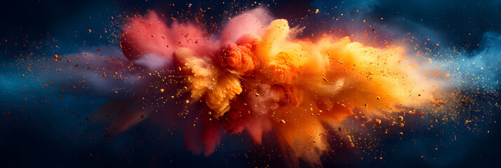 Explosive Burst of Red and Yellow Powder on a Dark Background,
Ukrainian flag colors form cloudy holiday fireworks smoke explosion