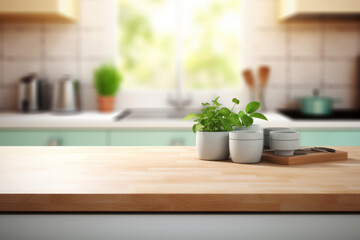Fototapeta na wymiar Kitchen counter with wooden surface and few potted plants