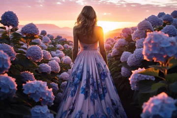 Gartenposter Woman is walking through field of purple flowers © vefimov