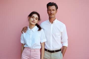 Man and woman are standing next to each other, both wearing white shirts