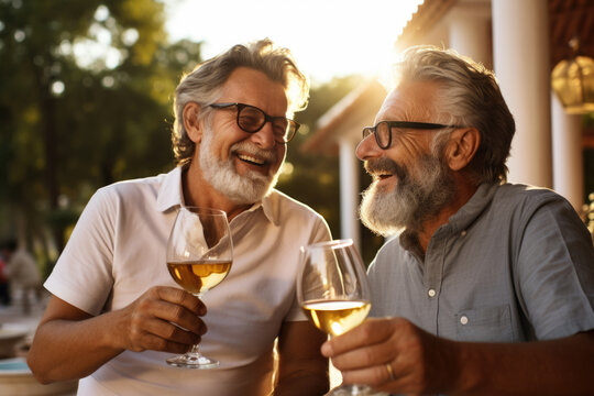 Two men are sitting outside, laughing and holding wine glasses